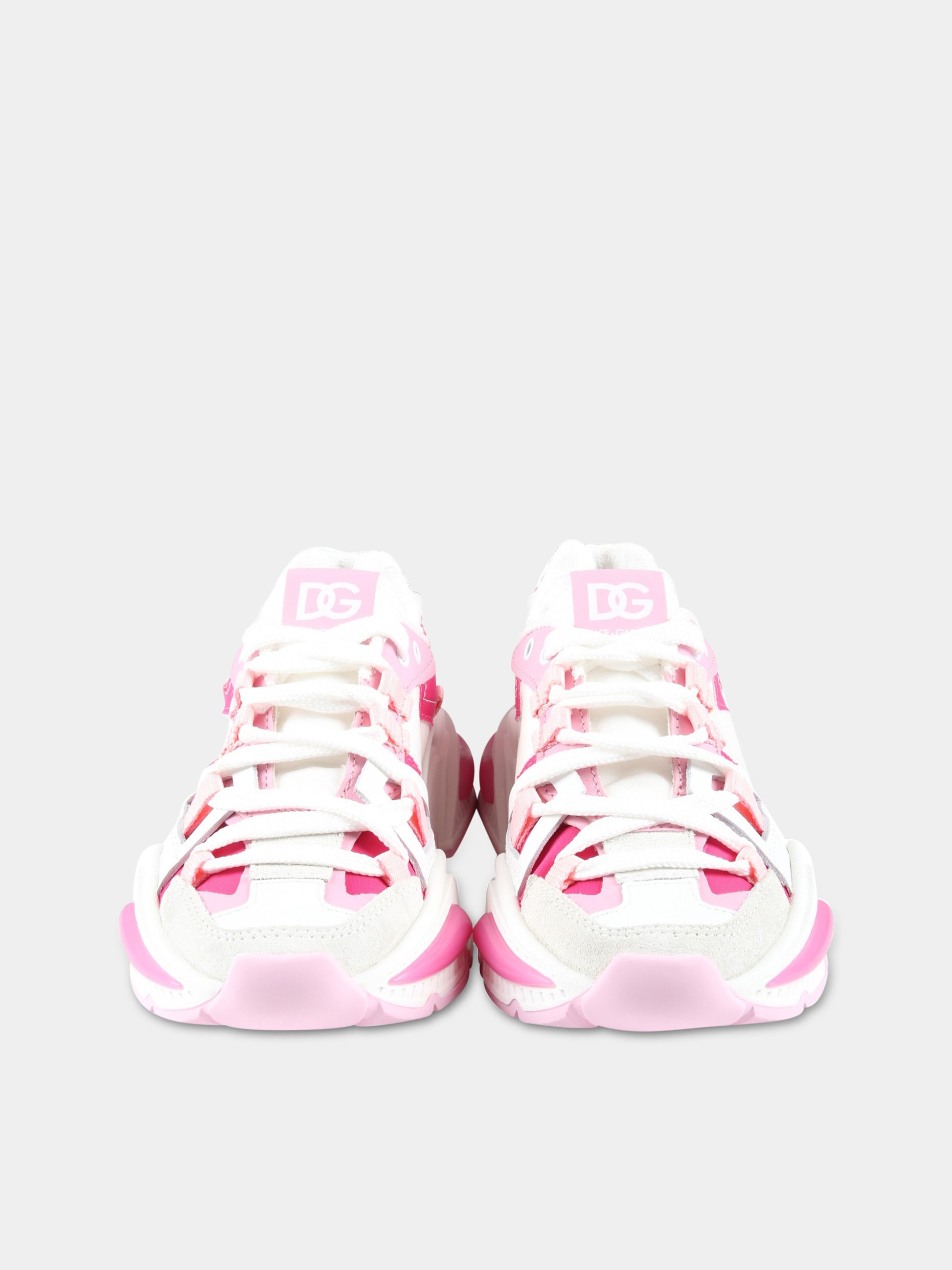 Sneakers bianche per bambina con dettagli rosa e fucsia,Dolce & Gabbana Kids,DA5118 AA399 8V436