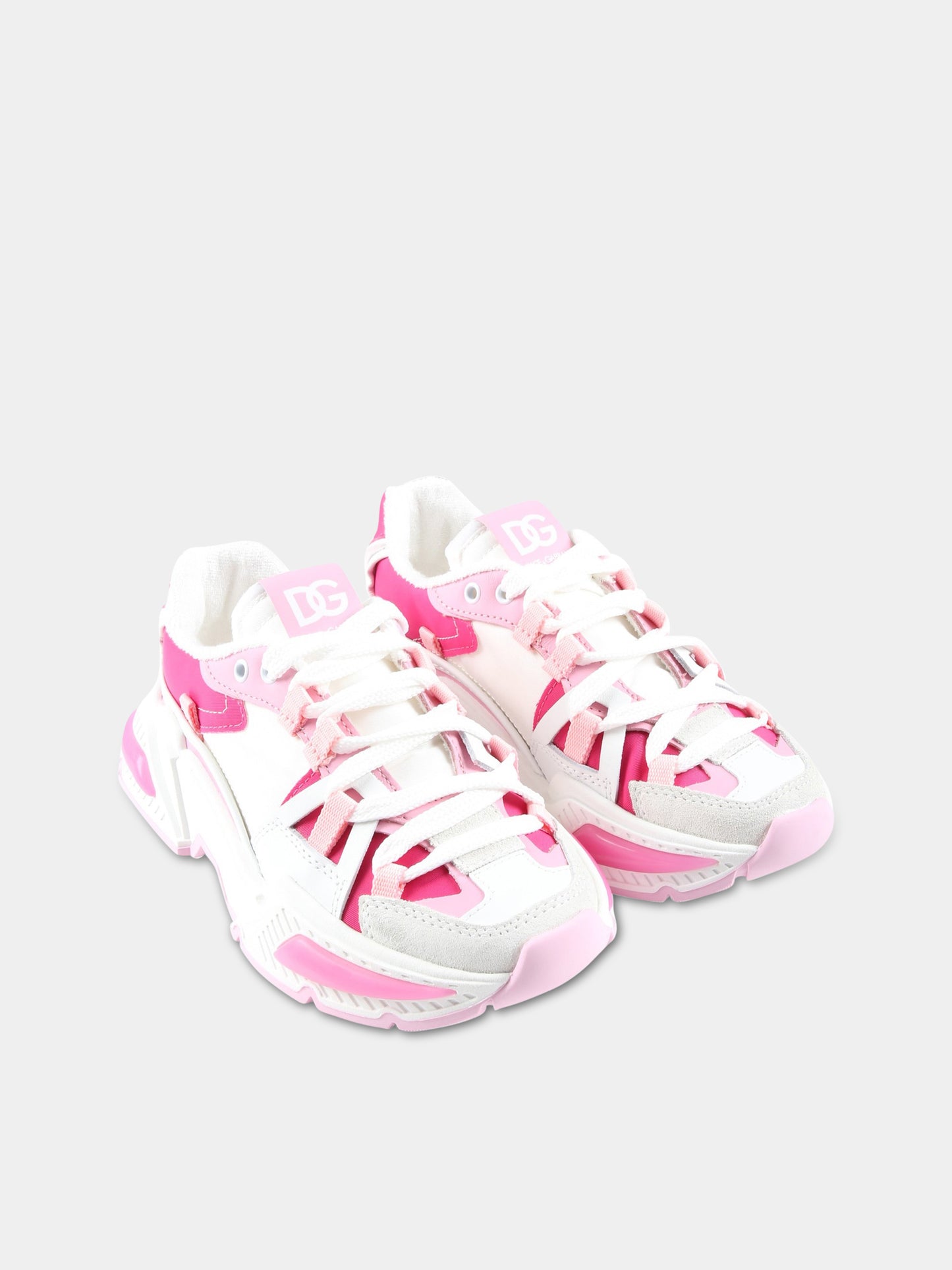 Sneakers bianche per bambina con dettagli rosa e fucsia,Dolce & Gabbana Kids,DA5118 AA399 8V436
