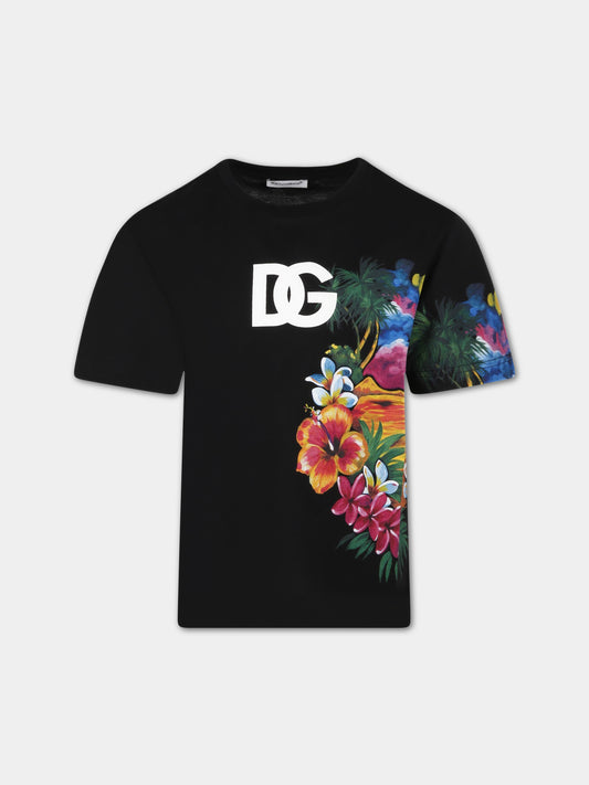 T-shirt nera per bambino con fiori e logo,Dolce & Gabbana Kids,L4JTBL G7H1D N0000