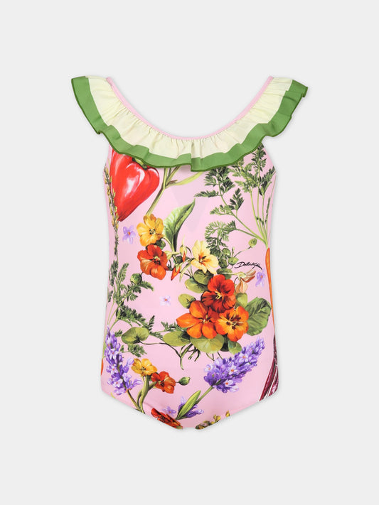 Costume rosa per bambina con iconica stampa e logo,Dolce & Gabbana Kids,L5J835 G7I1Q HF4NK