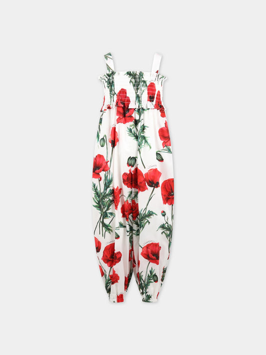 Tuta bianca per bambina con papaveri e logo,Dolce & Gabbana Kids,L53DJ0 HS5O1 HA3VN
