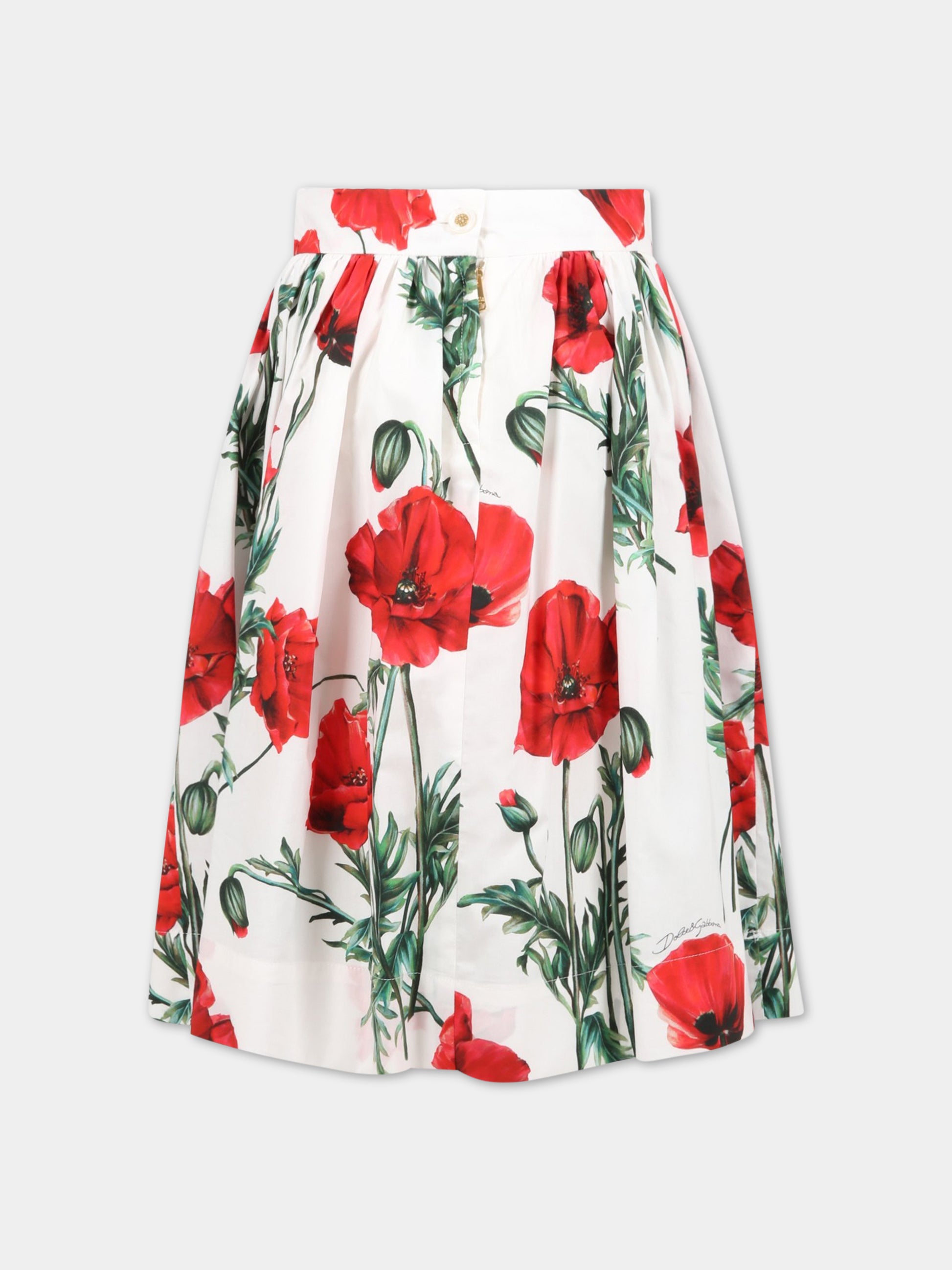Gonna bianca per bambina con papaveri e logo,Dolce & Gabbana Kids,L54I50 HS5O1 HA3VN