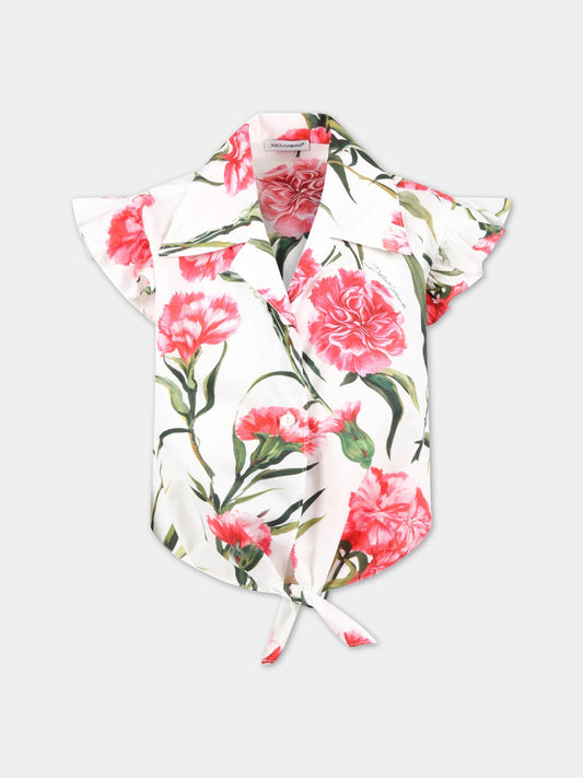 Camicia bianca per bambina con garofani rosa,Dolce & Gabbana Kids,L55S74 HS5O0 HA3VL