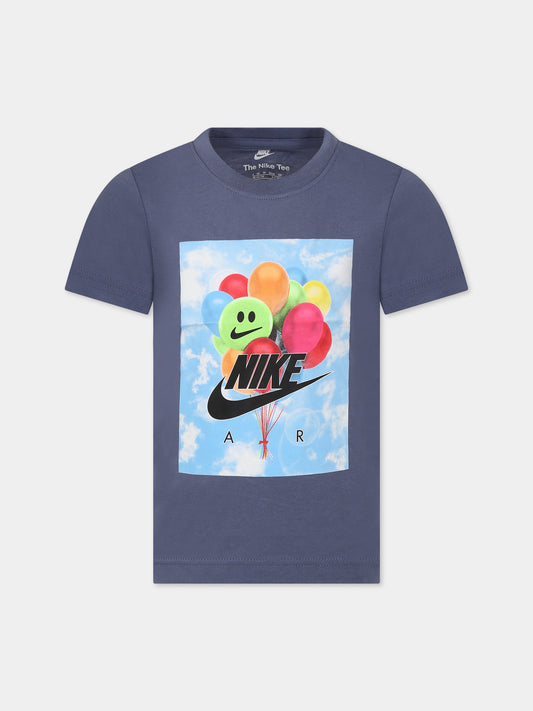 T-shirt blu per bambino con logo e stampa,Nike,86K948 U6B
