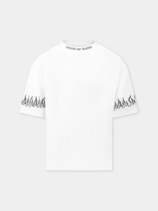 T-shirt bianca per bambino con fiamme e logo,Vision Of Super,TSV3100J BIANCO