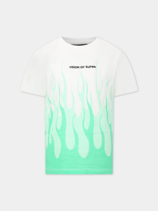 T-shirt bianca per bambino con fiamme verdi e logo,Vision Of Super,TSV3109J VERDE