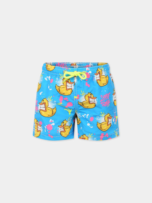 Boxer mare azzurro per bambino con stampa Ducky e logo,Mc2 Saint Barth,JEAN CPT DUCK MULTI 32