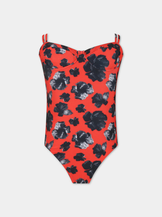 Costume Brigitte rosso da donna con fiori,Matineè,CB4046 BRIGITTE FIORE ROSSO