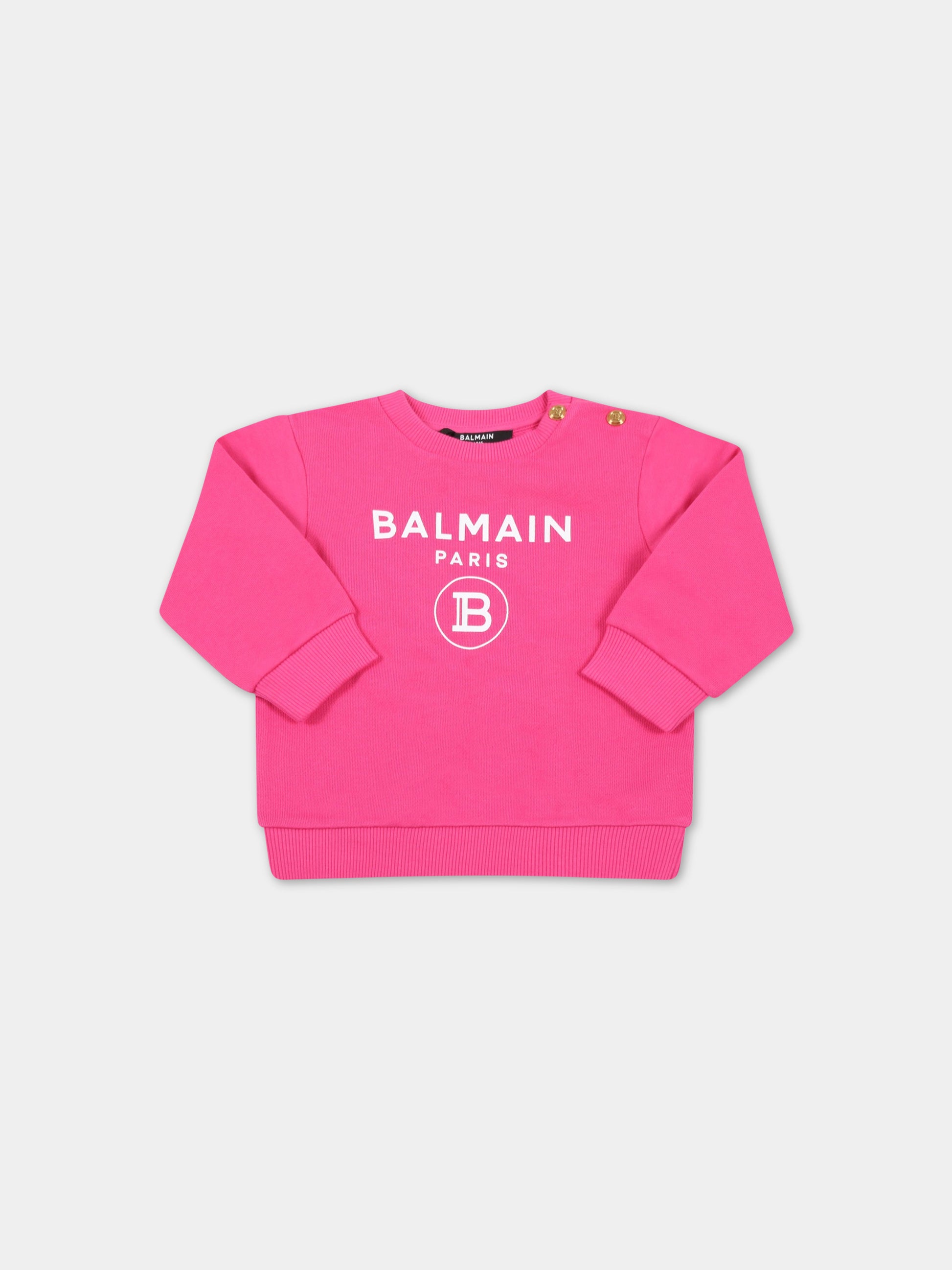 Felpa fucsia per neonata con loghi bianchi,Balmain Kids,6R4520 Z0001 514BC