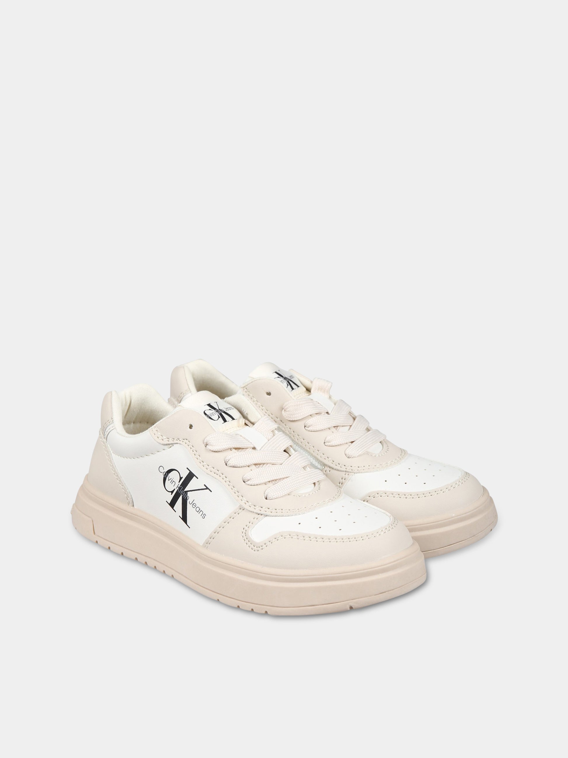 Sneakers avorio per bambini con logo,Calvin Klein Kids,V3X9 80552 1355A360