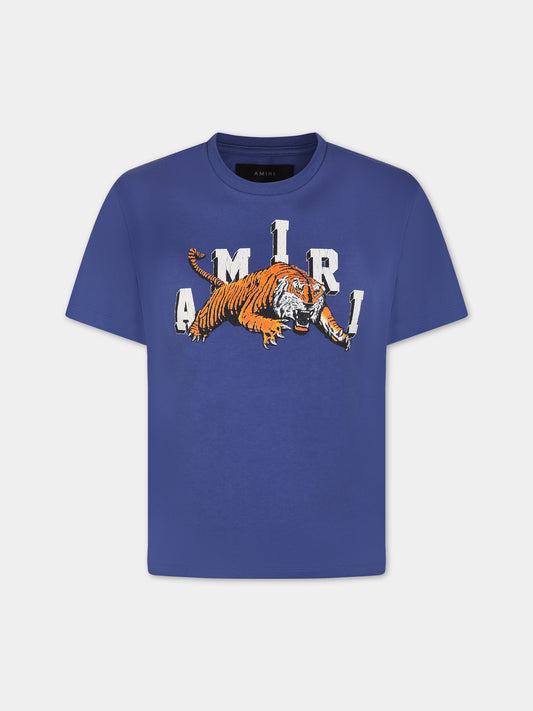 T-shirt blu per bambini con tigre e logo,Amiri,PF23KJT002 420