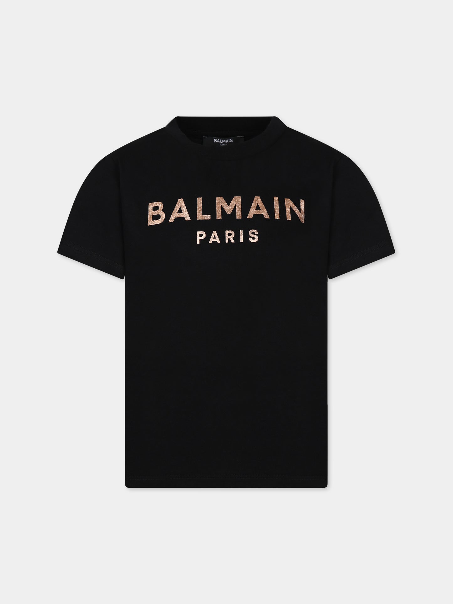 T-shirt nera con iconico logo metallizzato per bambina,Balmain Kids,BT8A81 Z0057 930