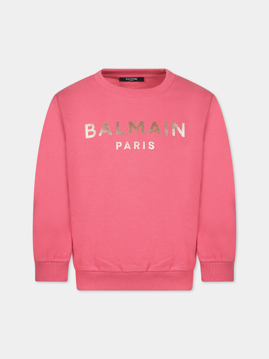 Felpa fucsia con iconico logo metallizzato per bambina,Balmain Kids,BT4A60 Z0001 413