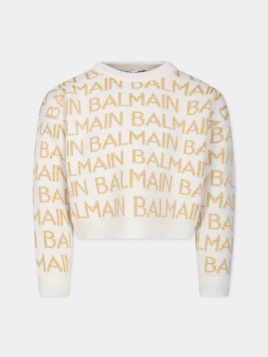 Maglione avorio per bambina con logo,Balmain Kids,BT9A10 Z1849 102OR