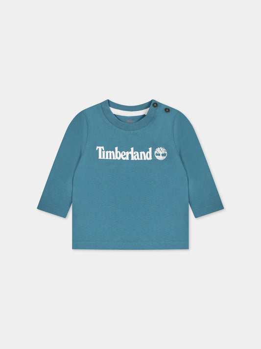 T-shirt azzurra per neonato con stampa logo,Timberland,T60004 875