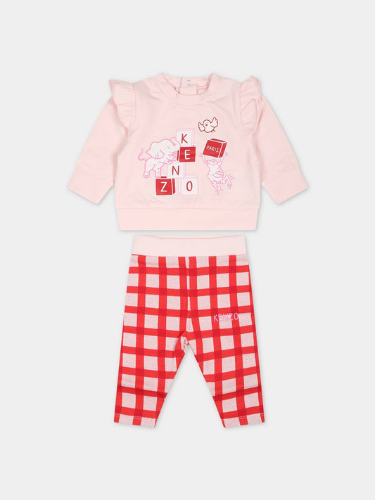 Completo rosa per neonata con stampa e logo,Kenzo Kids,K98125 470