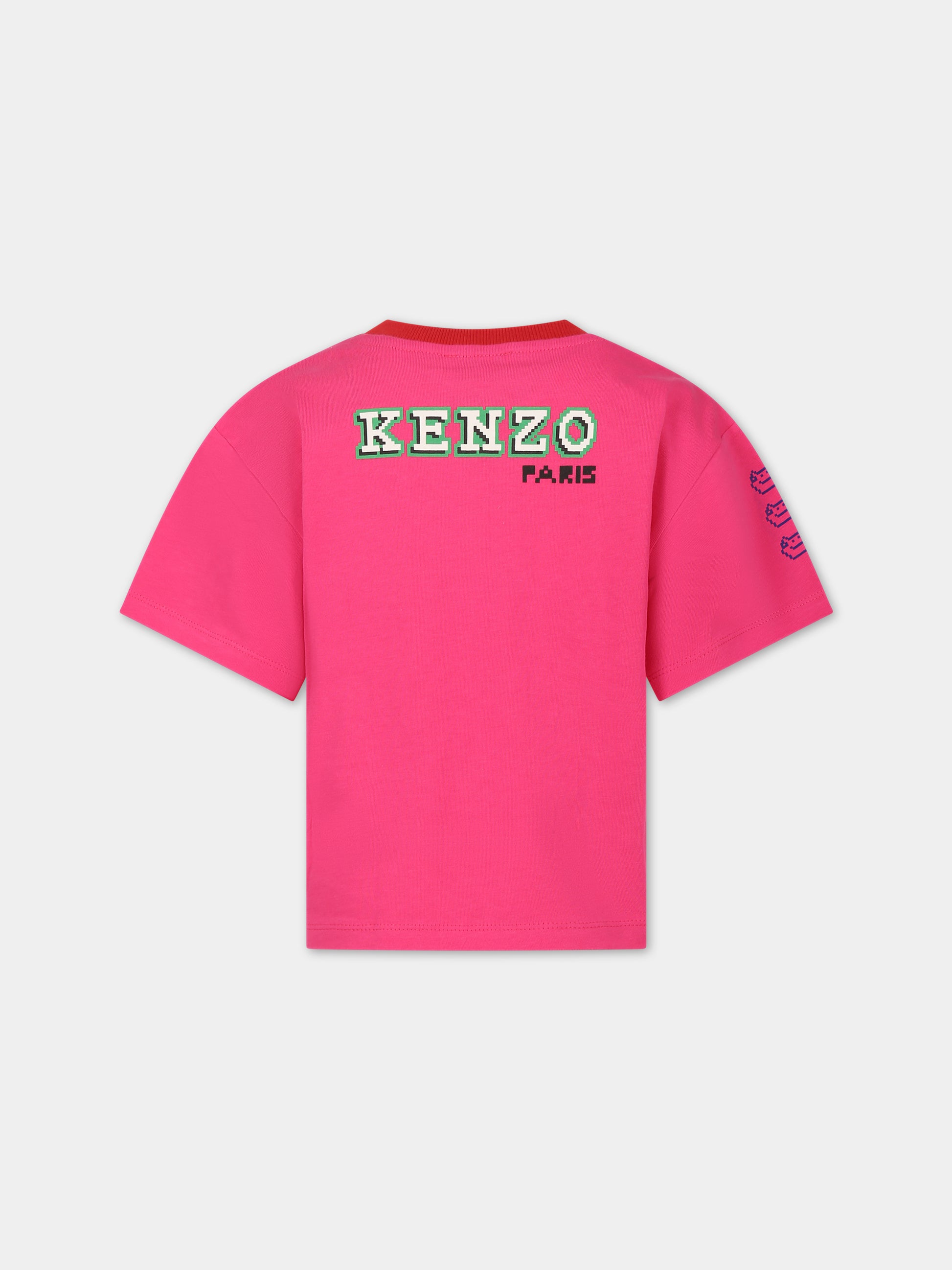 T-shirt fucsia per bambina con tigre e logo,Kenzo Kids,K15709 483