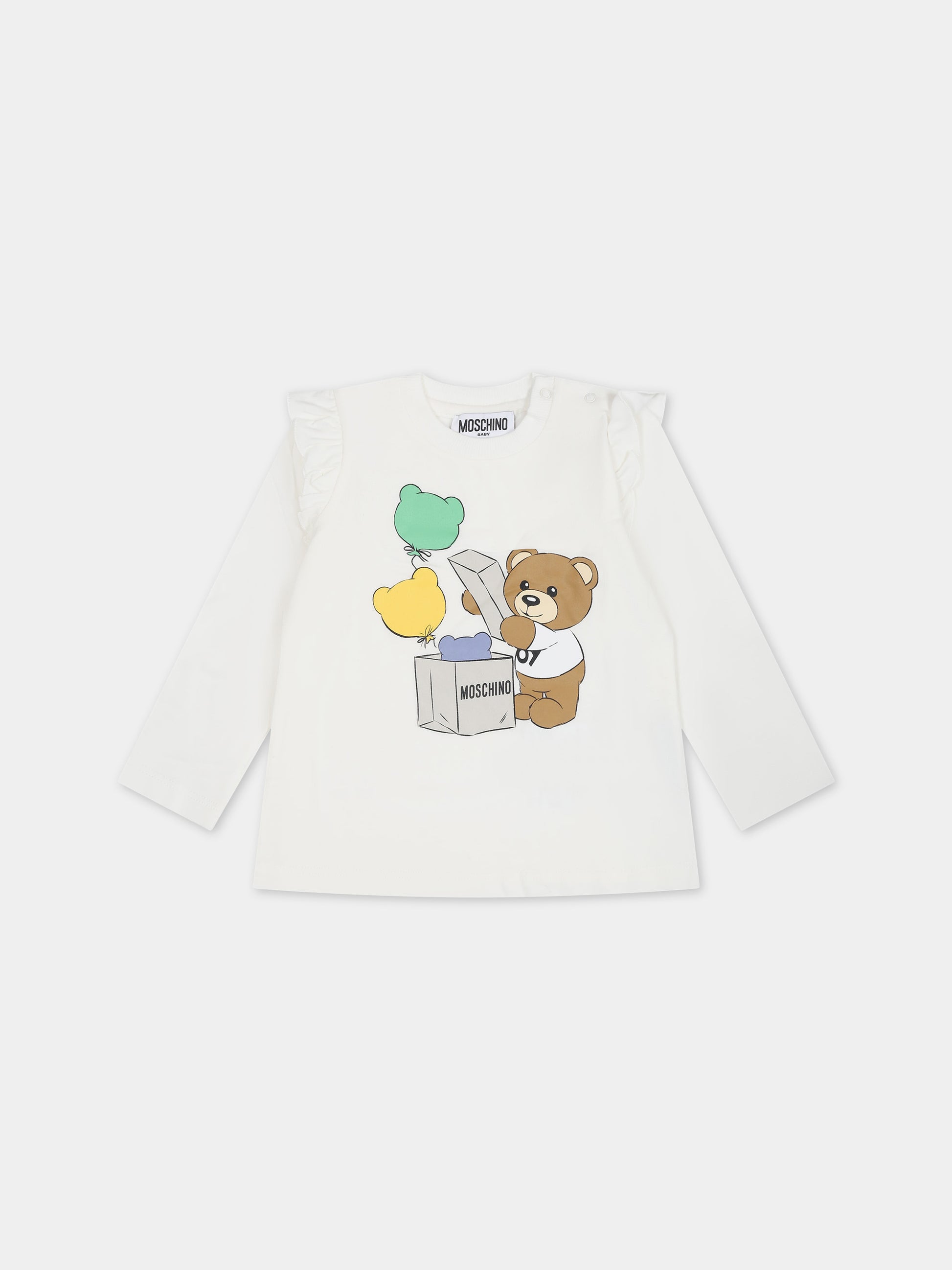 T-shirt bianca per neonata con Teddy Bear e stampa,Moschino Kids,MDO00O LBA11 10063