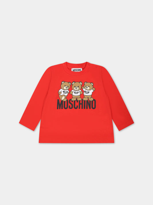 T-shirt rossa per neonati con Teddy Bears e logo,Moschino Kids,MZO00D LAA10 50109