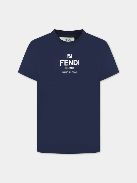 T-shirt blu per bambini con logo,Fendi Kids,JUI142 7AJ F1I11