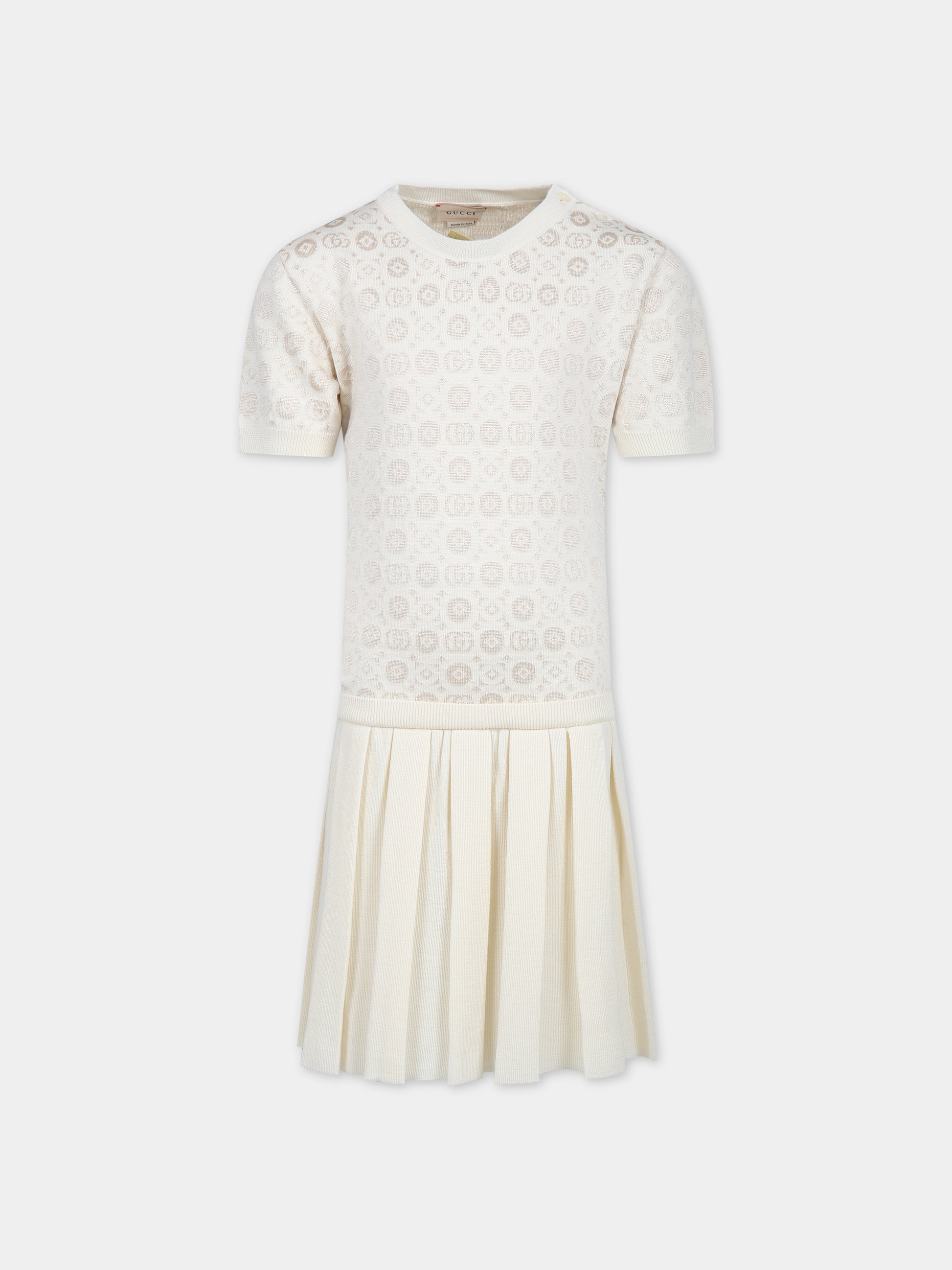 Vestito avorio per bambina con doppia G,Gucci Kids,747566 XKDEX 9575