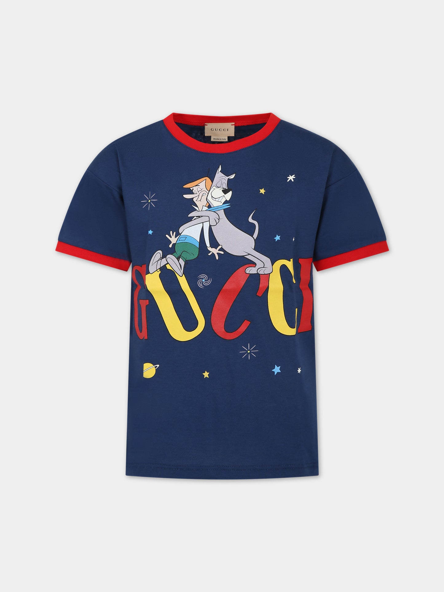T-shirt blu per bambini con stampa e doppia G,Gucci Kids,547865 XJFMU 4681