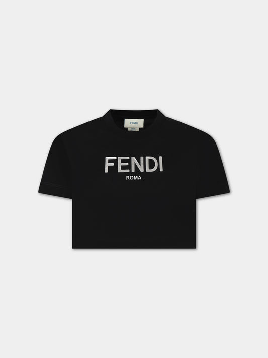 T-shirt nera per bambina con logo,Fendi Kids,JFI276 7AJ F1L13