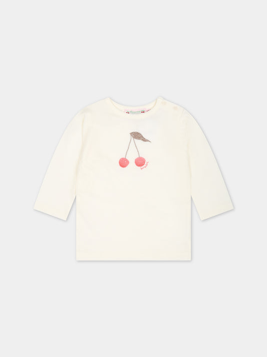 T-shirt avorio per neonata con logo e ciliegie,Bonpoint,W03XTSK00006 103