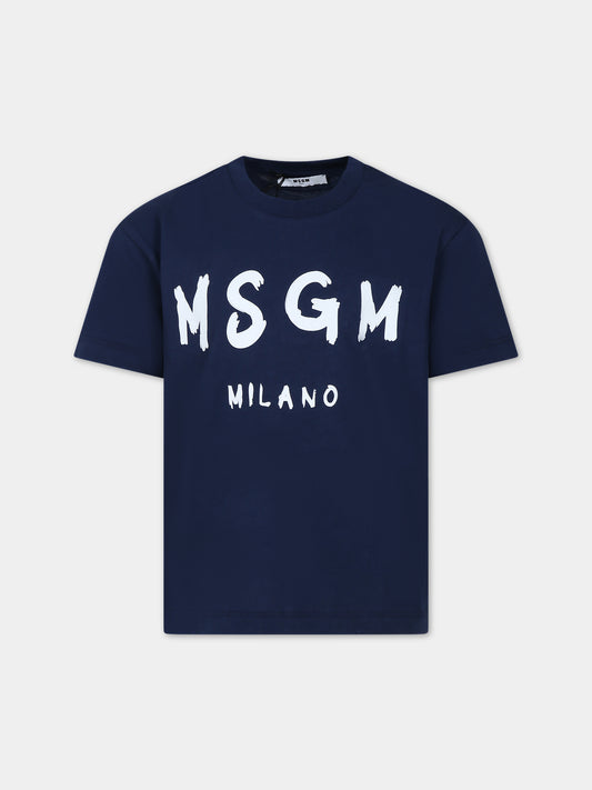 T-shirt blu per bambini con logo,Msgm Kids,F3MSJUTH011 060