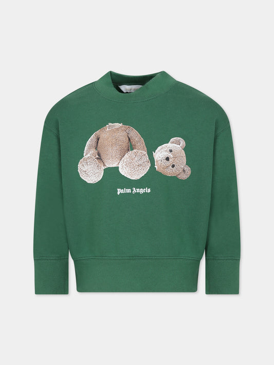 Felpa verde per bambini con orso e logo,Palm Angels,PBBA001C99FLE0015560