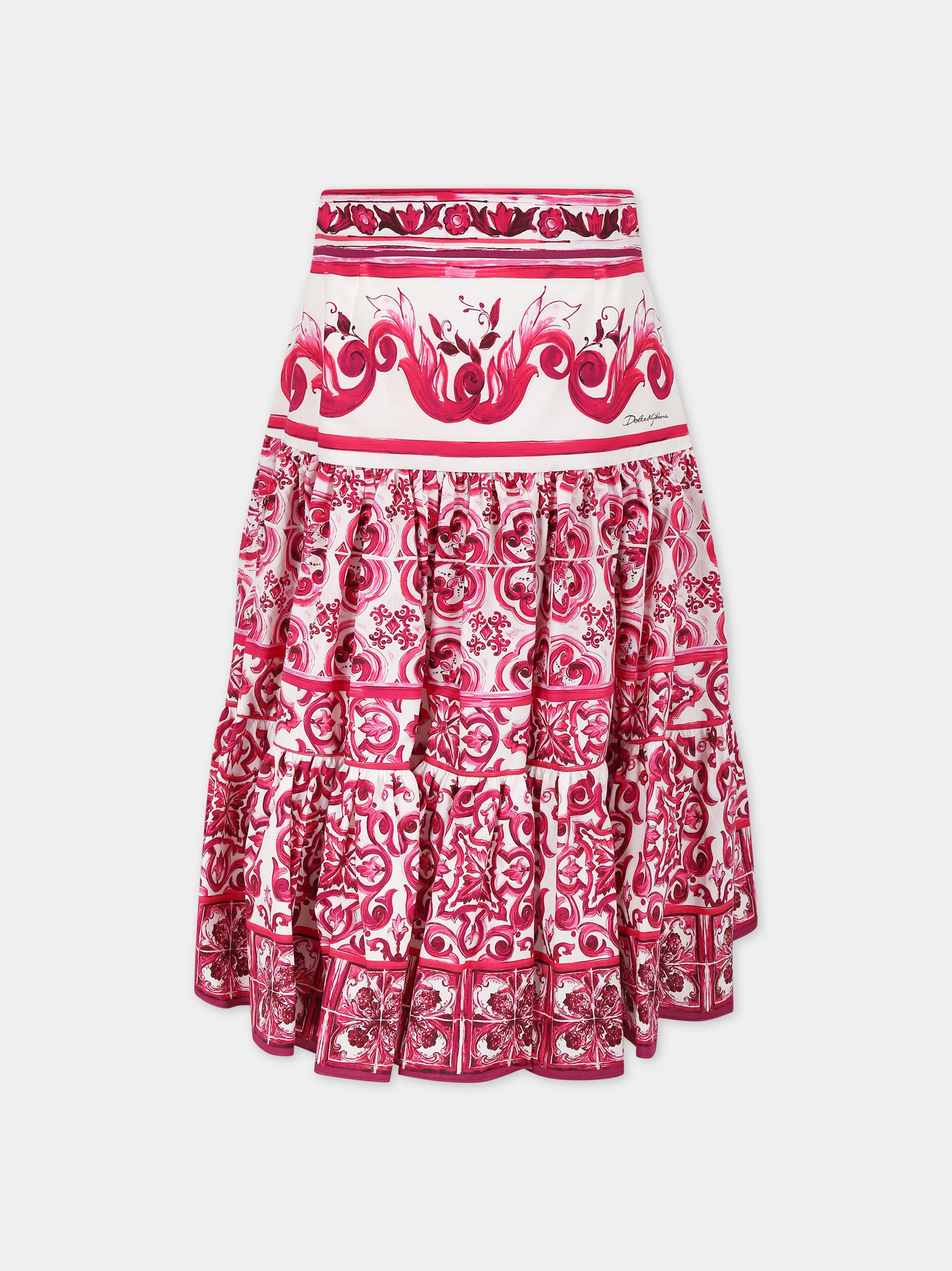 Gonna fucsia per bambina con stampa maioliche,Dolce & Gabbana Kids,L54I46 G7EX7 HE3TN
