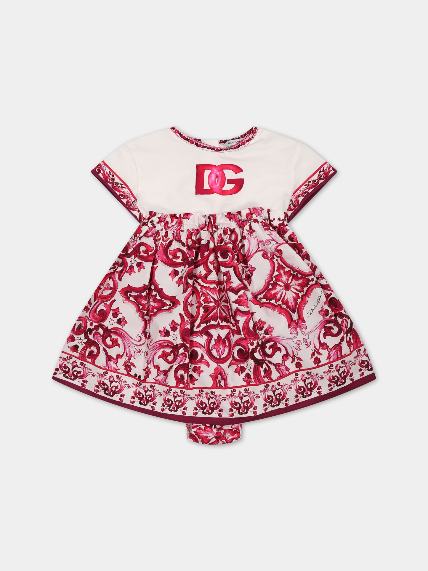Vestito bianco per neonata con logo e maioliche,Dolce & Gabbana Kids,L2JDZ1 G7J7N HE3TN