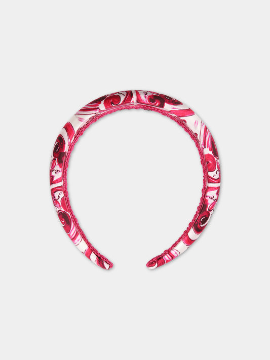 Cerchietto fucsia per bambina con stampa maiolica,Dolce & Gabbana Kids,LB3L54 G7F1C HE3TN