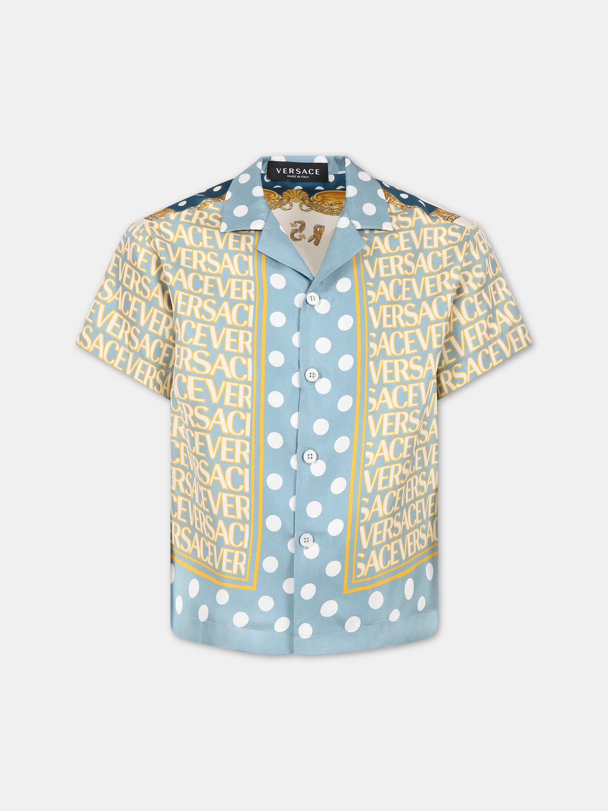 Camicia celeste per bambino con stampa iconica e logo,Versace,1000107 1A08074 5V510