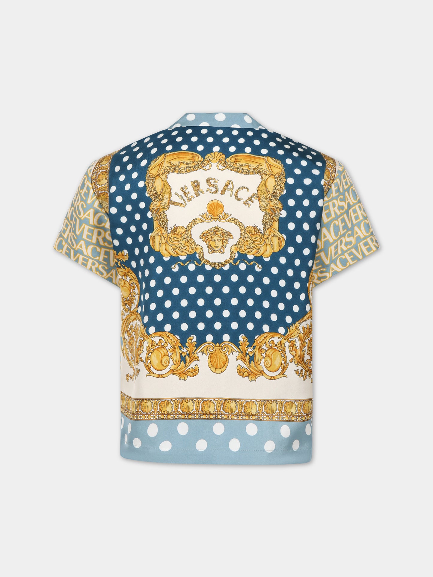 Camicia celeste per bambino con stampa iconica e logo,Versace,1000107 1A08074 5V510