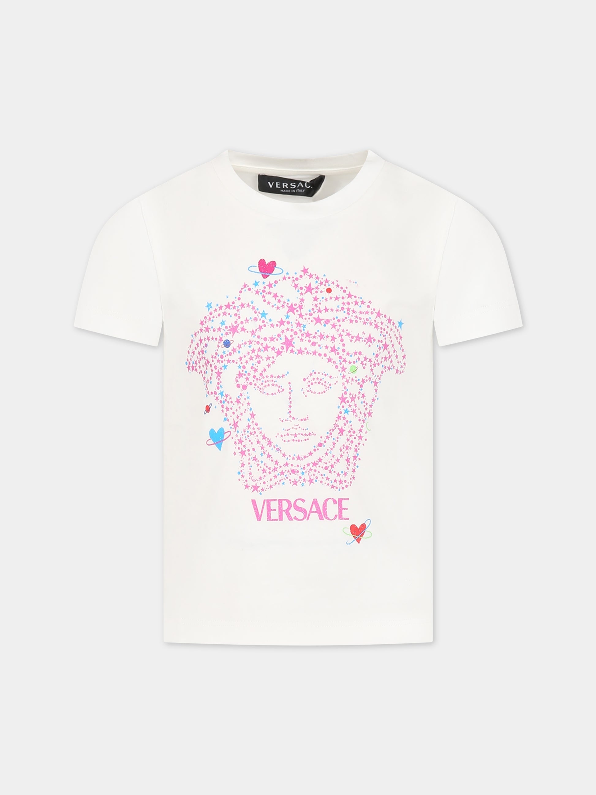 T-shirt bianca per bambina con Medusa e logo,Versace,1000052 1A07216 2W070