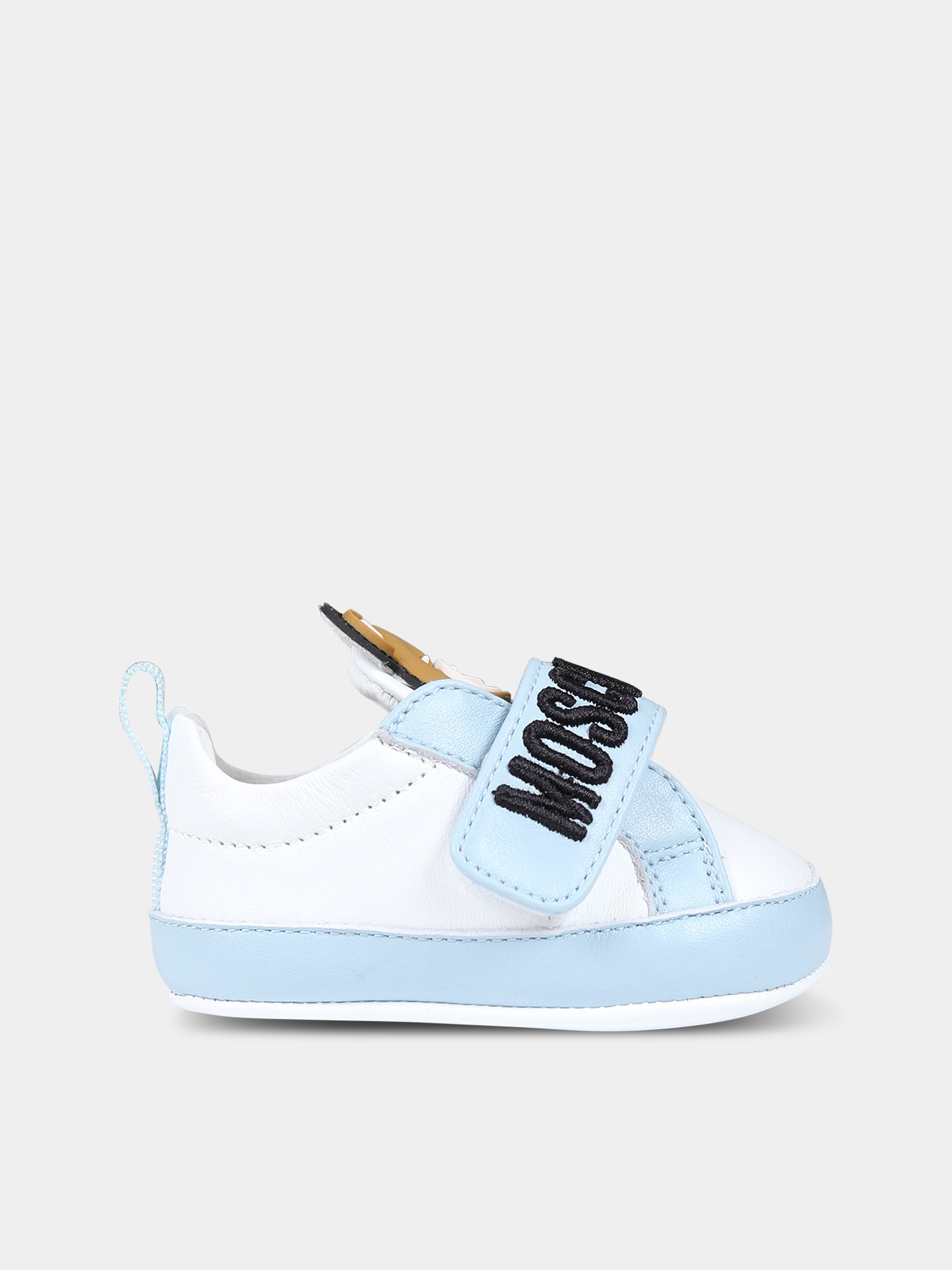 Sneakers celesti per neonato con Teddy bear e logo,Moschino Kids,75821 2