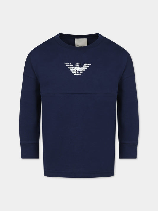 T-shirt blu per bambino con aquilotto e logo,Armani Junior,6R4TE3 1JFFZ 09L0