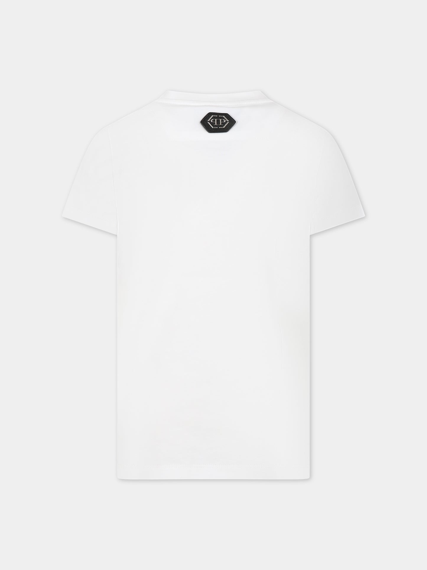 T-shirt bianca per bambino con teschio multicolor e logo,Philipp Plein Junior,2PM003 LAA24 10101