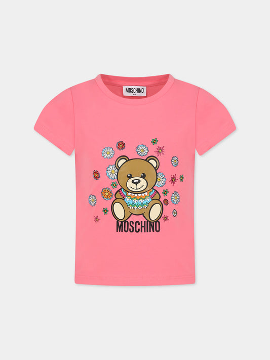 T-shirt rosa per bambina con Teddy bear e fiori,Moschino Kids,HDM04T LBA00 51047