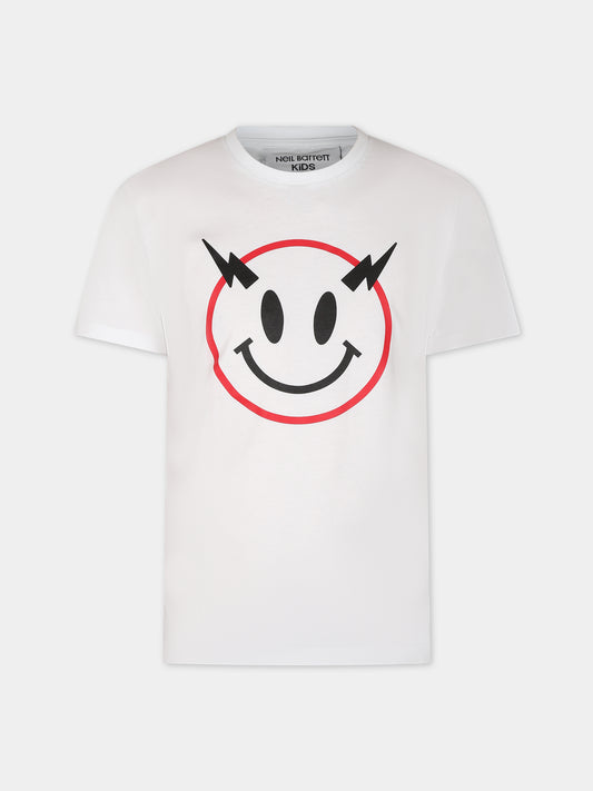 T-shirt bianca per bambino con smile e iconiche saette,Neil Barrett Kids,033581 001