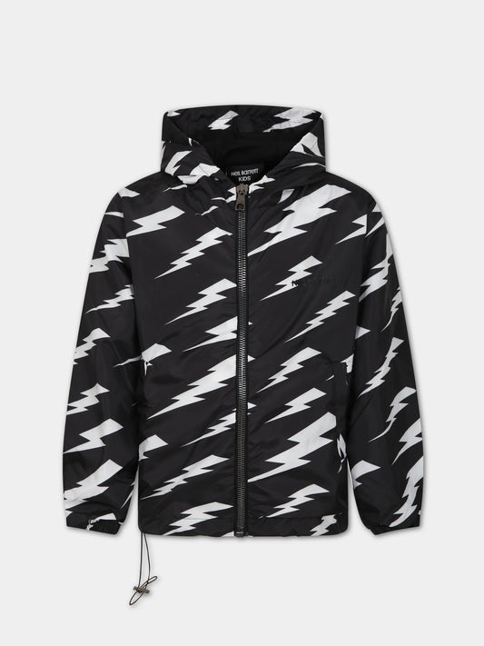 Giacca a vento nera per bambino con iconiche saette e logo,Neil Barrett Kids,033586 110