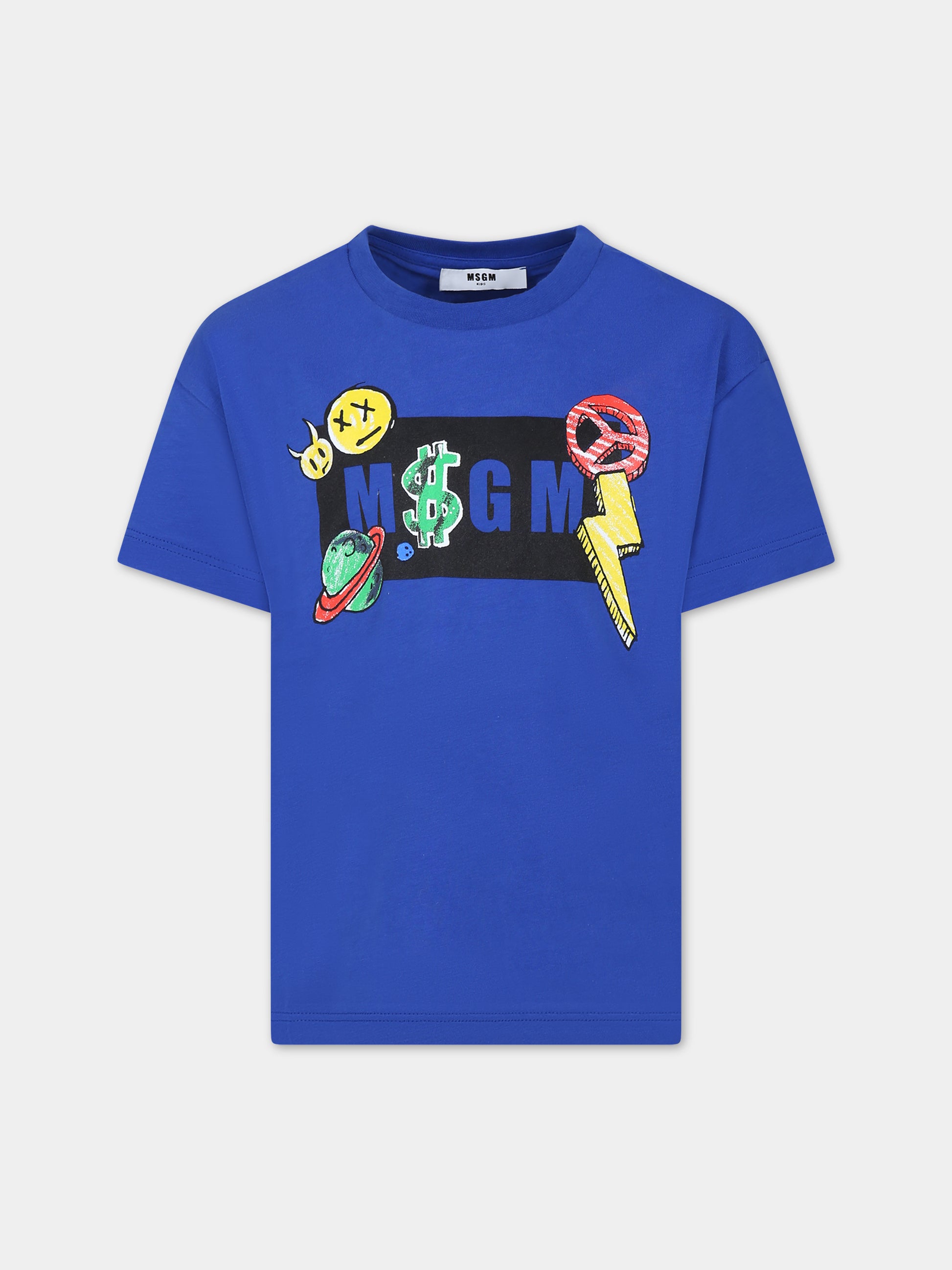 T-shirt blu per bambino con logo e stampa,Msgm Kids,MS029506 130